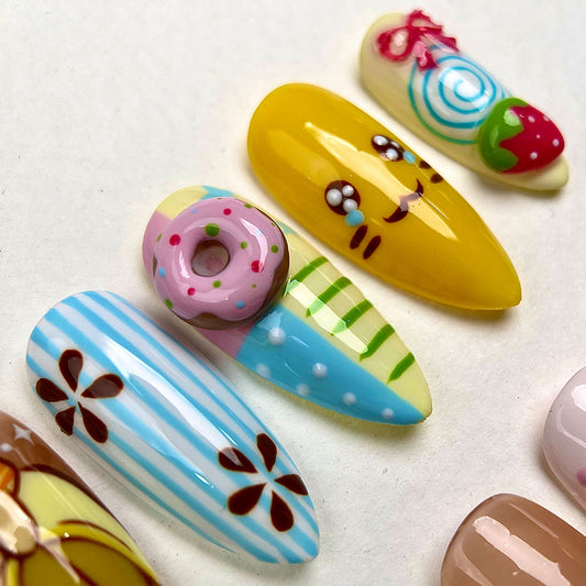 Sugar Kitty – Kawaii Press-On Nails, Pastel Fake Nails with Cute Cat, Donut and Strawberry Design