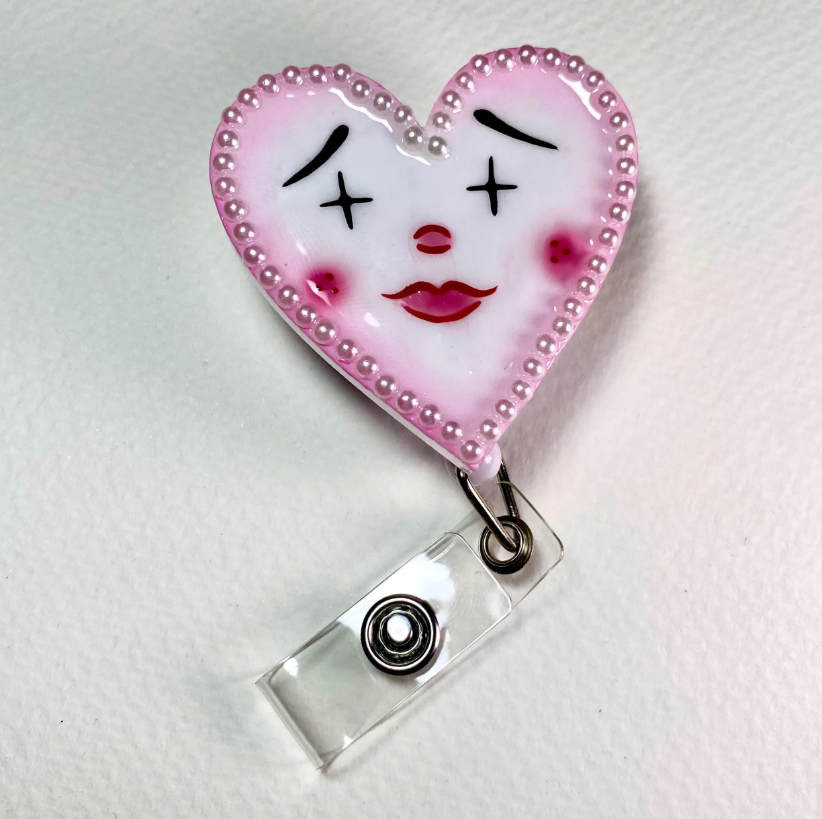 Pink Heart Clown Badge Reel – Handmade Cute Clown Stainless Steel Retractable ID Holder, Pearl Heart Badge Reel for Nurses & Teachers