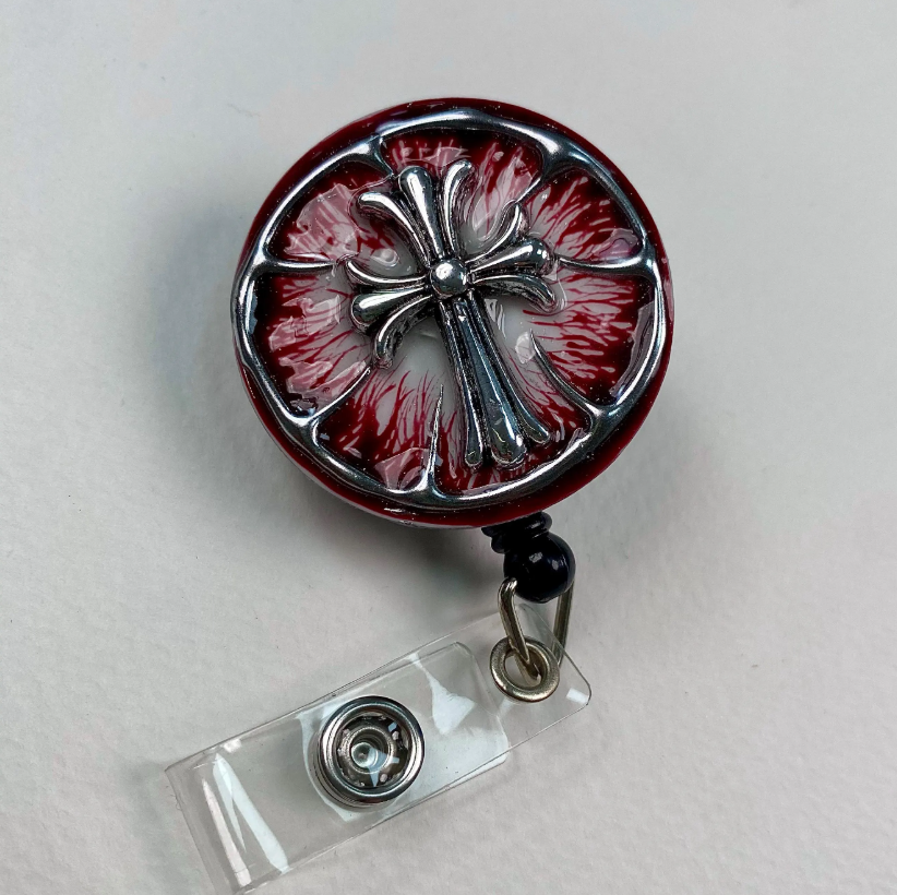 Red Gothic Cross Badge Reel – Handmade Stainless Steel Retractable ID Holder, Silver Cross Resin Badge Reel, Dark Nurse Badge Holder