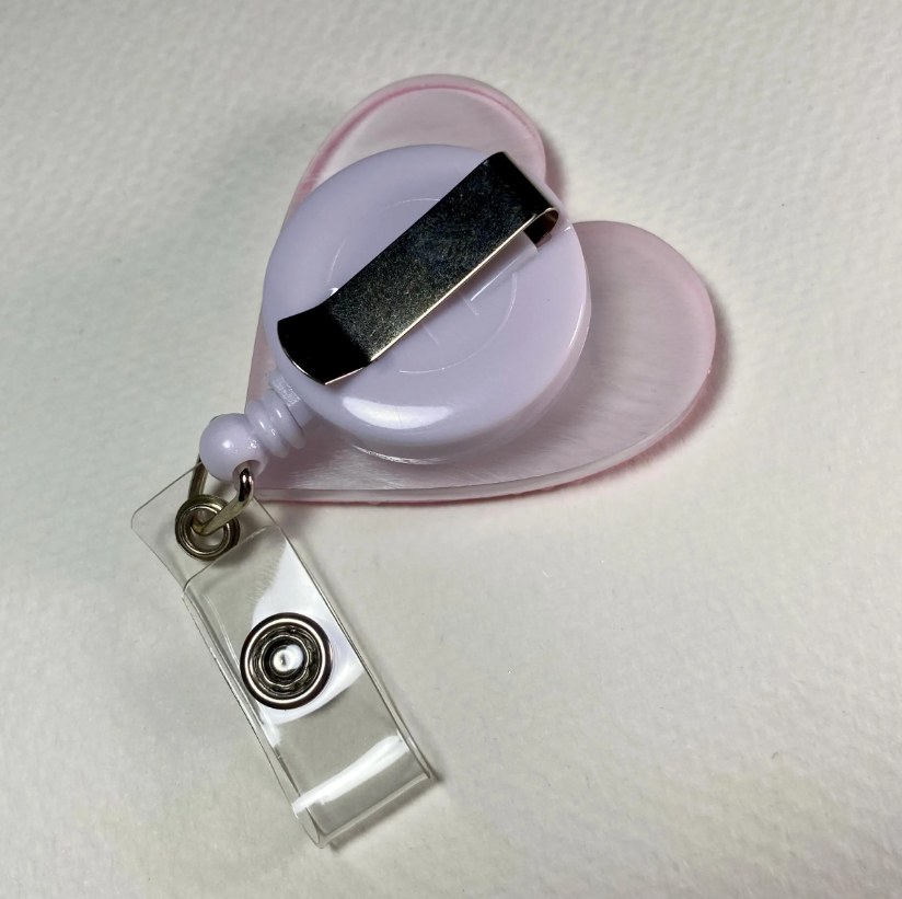 Pink Heart Clown Badge Reel – Handmade Cute Clown Retractable ID Holder, Pearl Heart Badge Reel for Nurses & Teachers