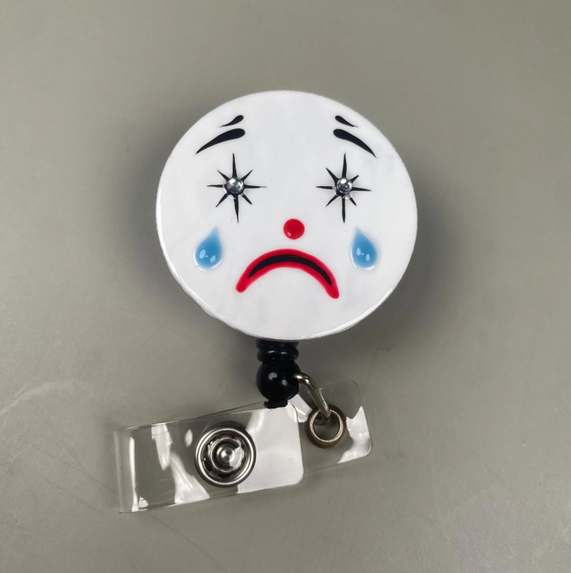 Happy Sad Clown Badge Reel, Cute Creepy Face Stainless Steel ID Holder, Dark Circus Retractable Badge Clip, Funny Spooky Gift for Nurse Teacher