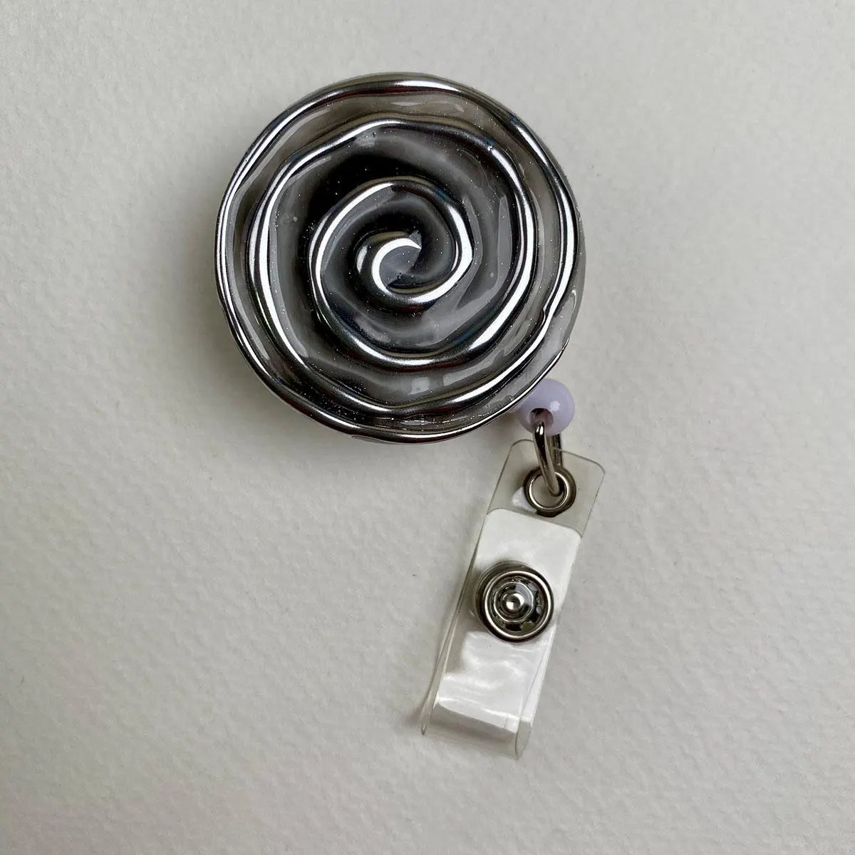 Silver Spiral Badge Reel – Handmade Chrome Swirl Stainless Steel Retractable ID Holder – Cute Badge Holder for Nurses, Teachers & Office Staff