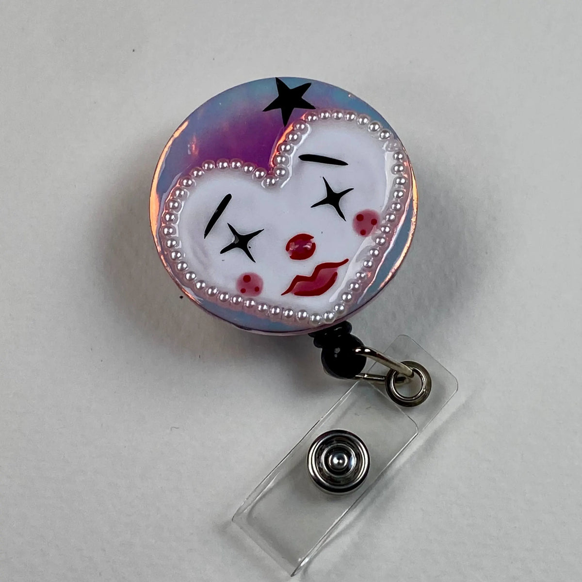 Cute Clown Badge Reel – Handmade Harlequin Stainless Steel Retractable ID Holder, Whimsical Pearl Badge Reel for Nurses & Teachers