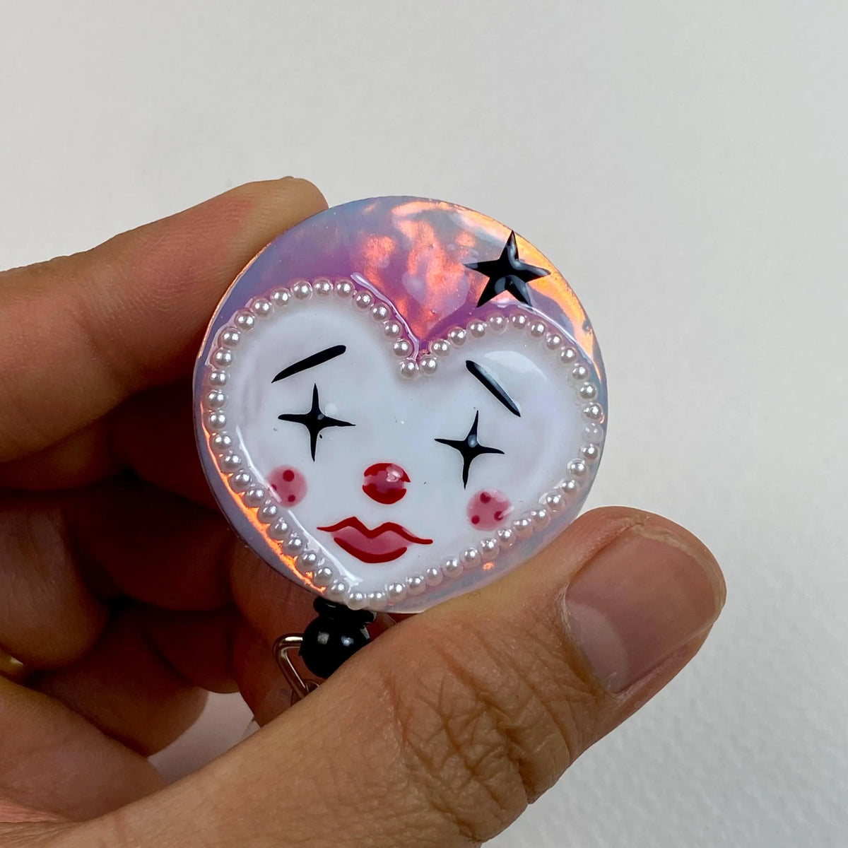 Cute Clown Badge Reel – Handmade Harlequin Stainless Steel Retractable ID Holder, Whimsical Pearl Badge Reel for Nurses & Teachers