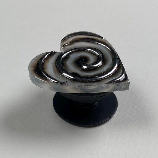 Black Smoke Spiral Heart Phone Grip | Handmade Resin Phone Stand Holder, Gothic Black & Silver Swirl, Alternative Aesthetic Gift