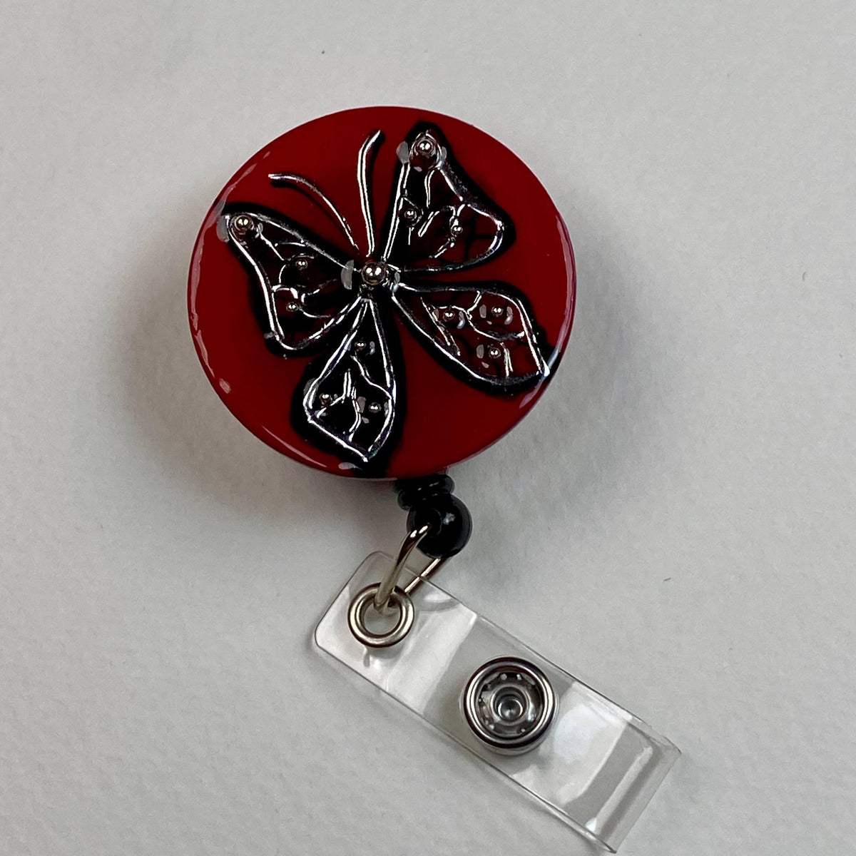 Red Butterfly Badge Reel – Handmade Gothic Stainless Steel Retractable ID Holder, Dark Red Resin Badge Reel for Nurses, Teachers & Office Staff