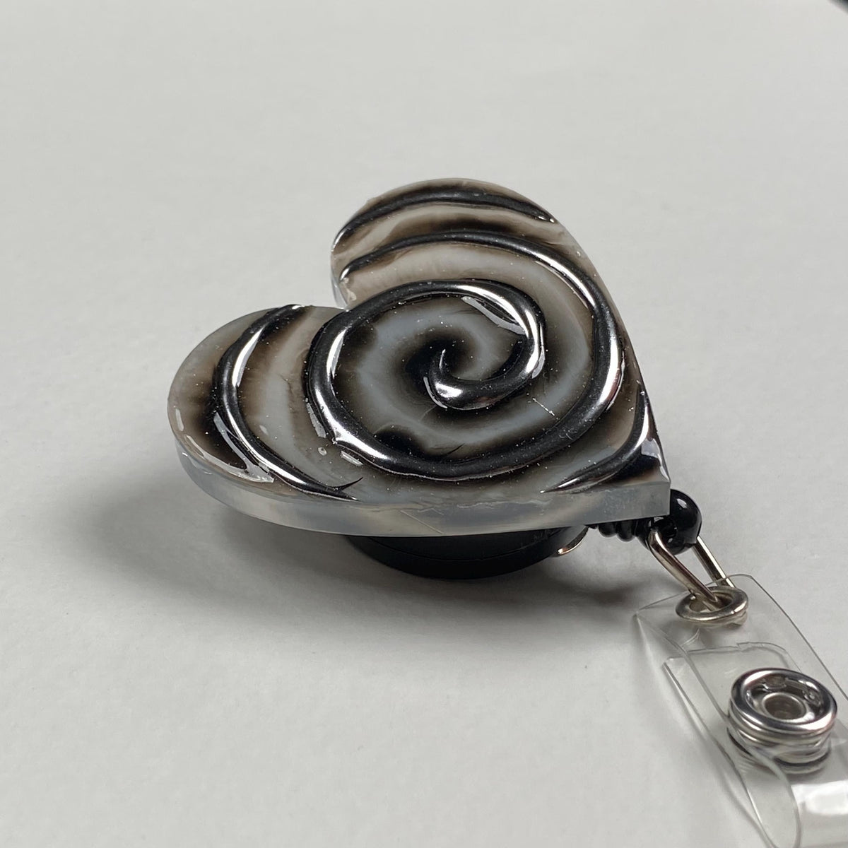 Gothic Heart Badge Reel – Handmade Black Heart Swirl Stainless Steel Retractable ID Badge Holder, Alternative Resin Nurse Badge Reel