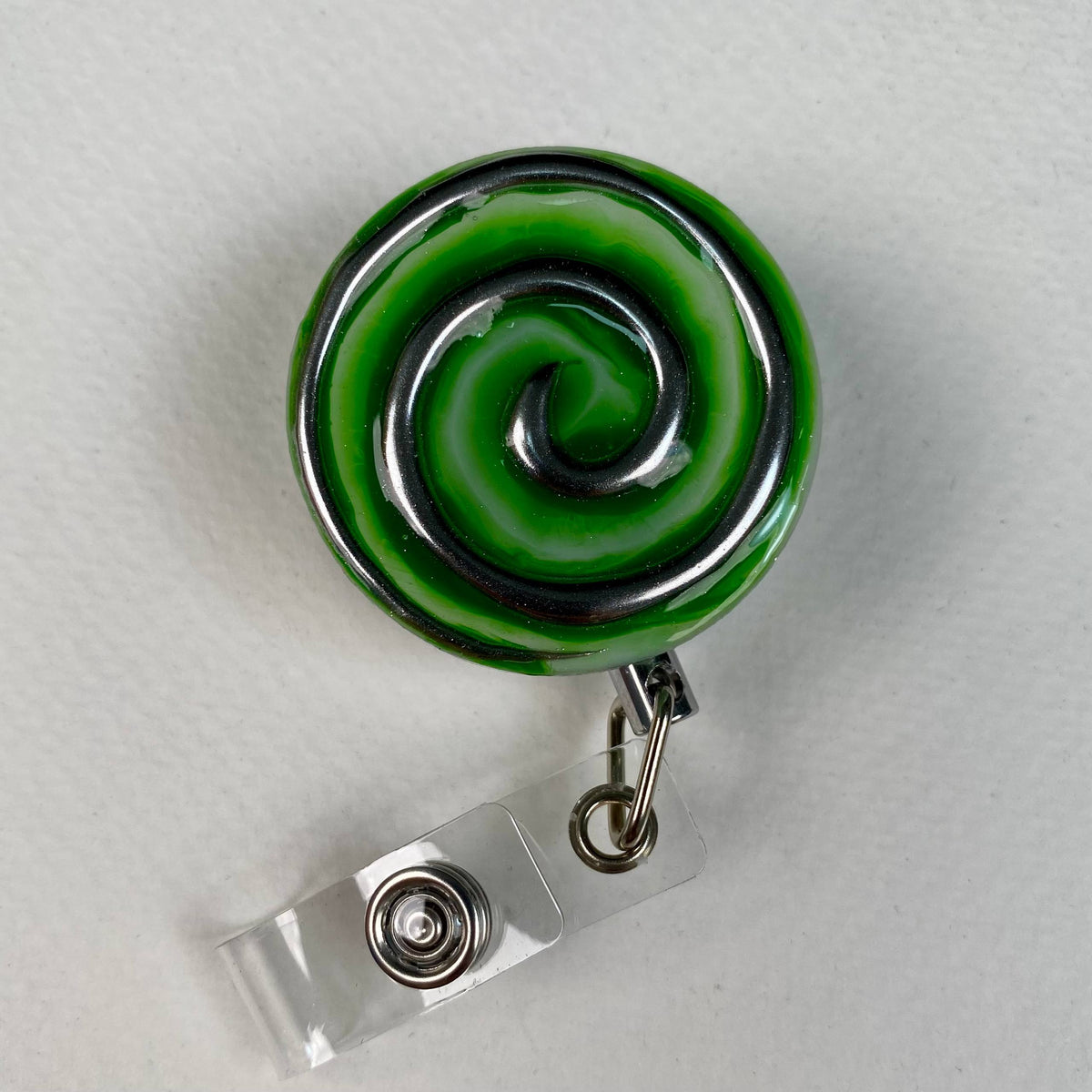 Green Spiral Badge Reel – Gothic Swirl Handmade Stainless Steel Retractable ID Holder, Chrome Hypnotic Design, Unique Nurse Badge Reel