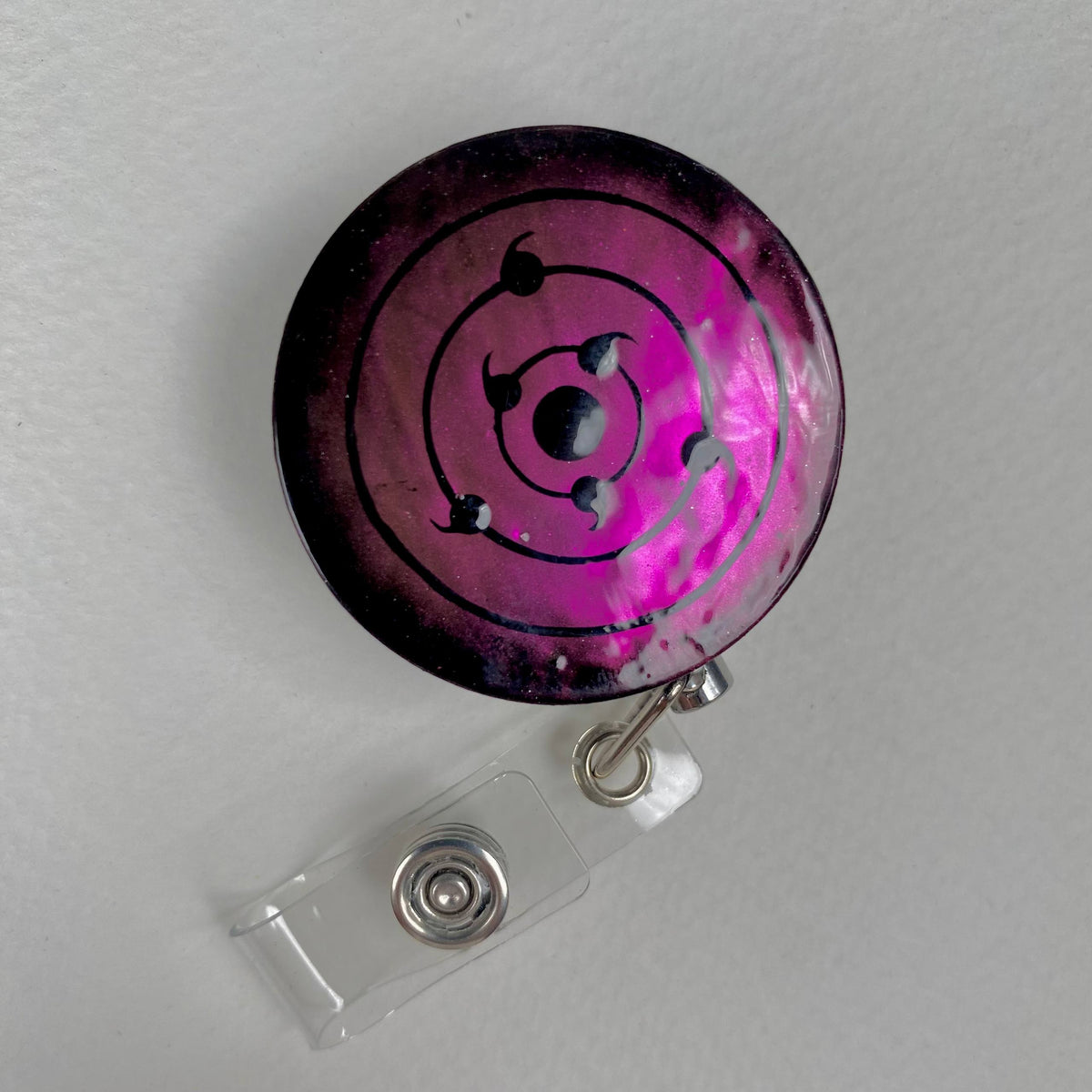 Anime Eye Badge Reel – Handmade Stainless Steel Retractable ID Holder, Purple Pink Rinnegan Eye Resin Badge Reel, Anime Nurse Gift