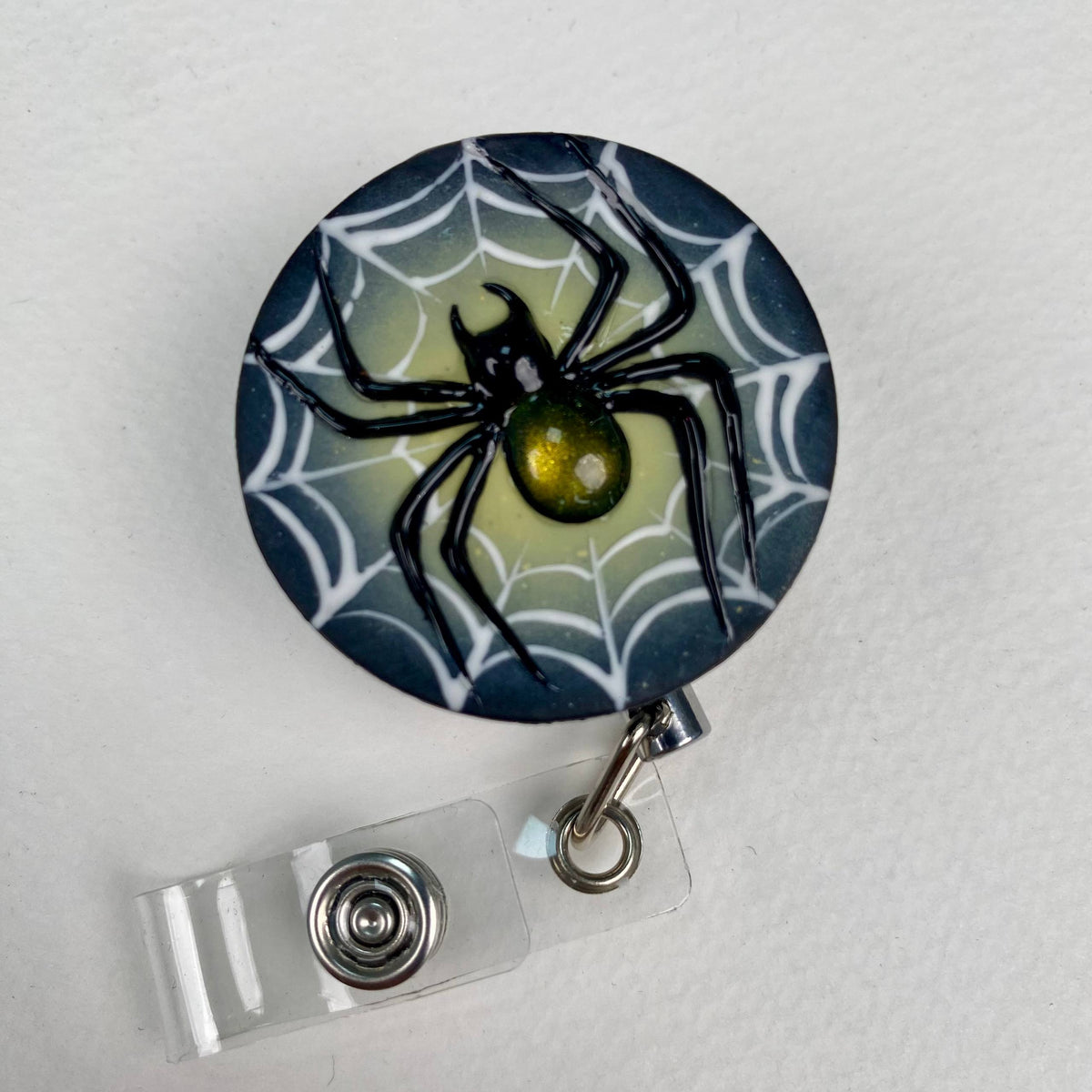 3D Spider Badge Reel – Handmade Stainless Steel Retractable ID Holder, Gothic Spider Web Resin Badge Reel, Spooky Halloween Nurse Gift