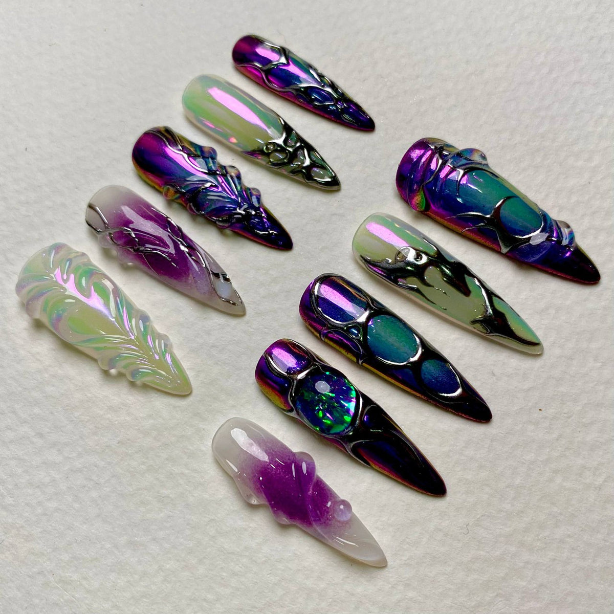 Fairy Nebula Green Purple Chrome Press-On Nails, Iridescent Galaxy Shimmer Fake Nails