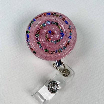 Colorful Gemstone Spiral Badge Reel – Handmade 3D Gel, Stainless Steel Retractable ID Holder, Pink Glitter Resin Nurse Badge Reel