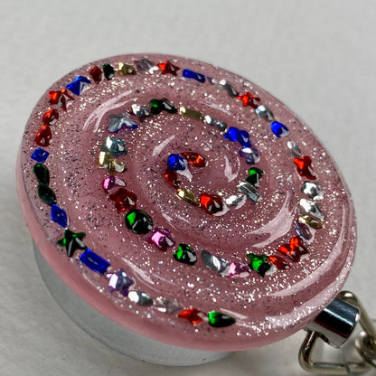 Colorful Gemstone Spiral Badge Reel – Handmade 3D Gel, Stainless Steel Retractable ID Holder, Pink Glitter Resin Nurse Badge Reel
