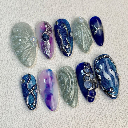 Blue Press On Nails, Vacation Beach Nails, Spring Summer Nails For Girls