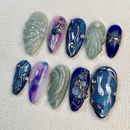 Blue Press On Nails, Vacation Beach Nails, Spring Summer Nails For Girls