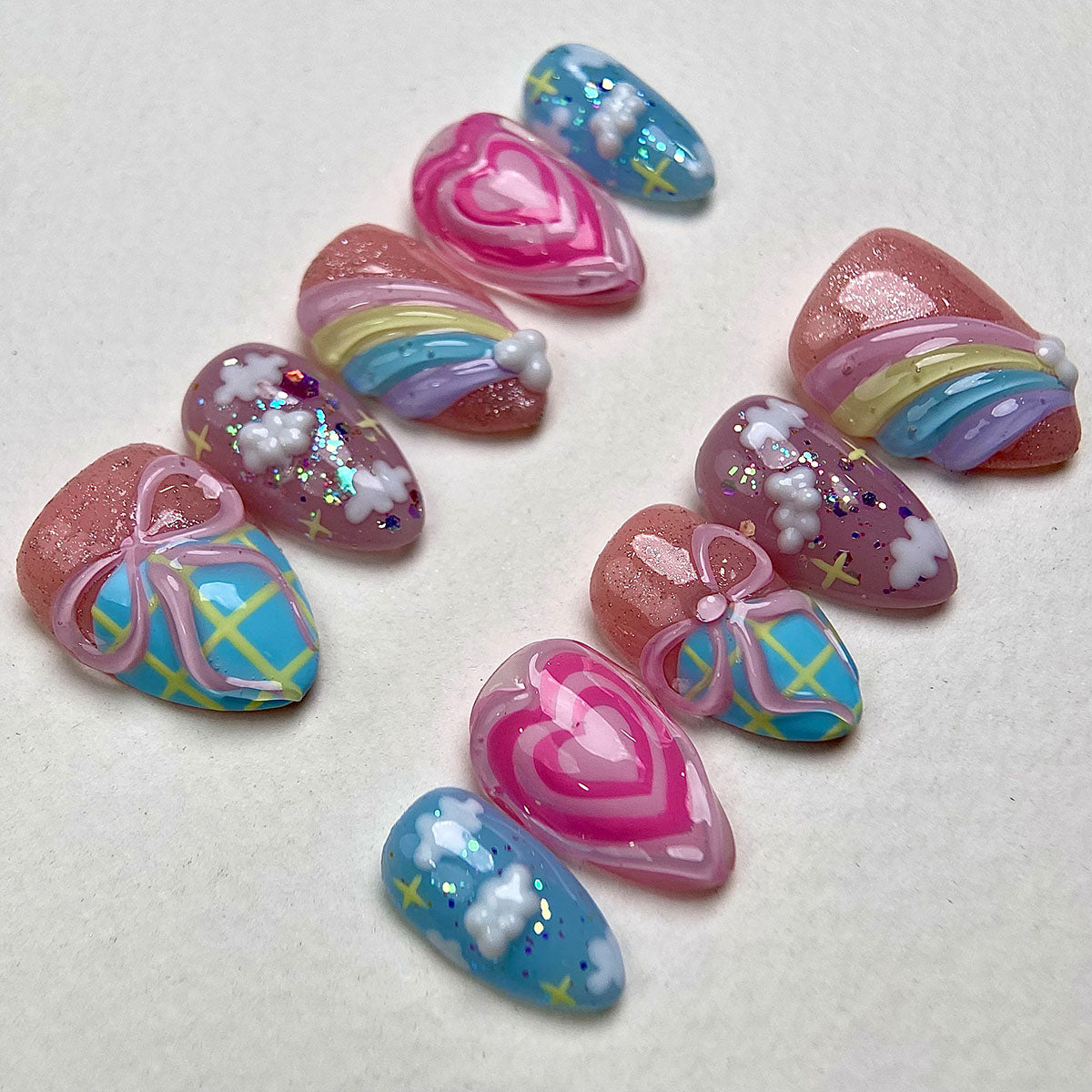 Pastel Cloud Pop – Pink Press-On Nails, Kawaii Fake Nails with Rainbow, Heart and Puffy Cloud Design