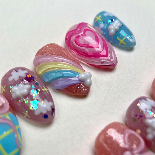 Pastel Cloud Pop – Pink Press-On Nails, Kawaii Fake Nails with Rainbow, Heart and Puffy Cloud Design
