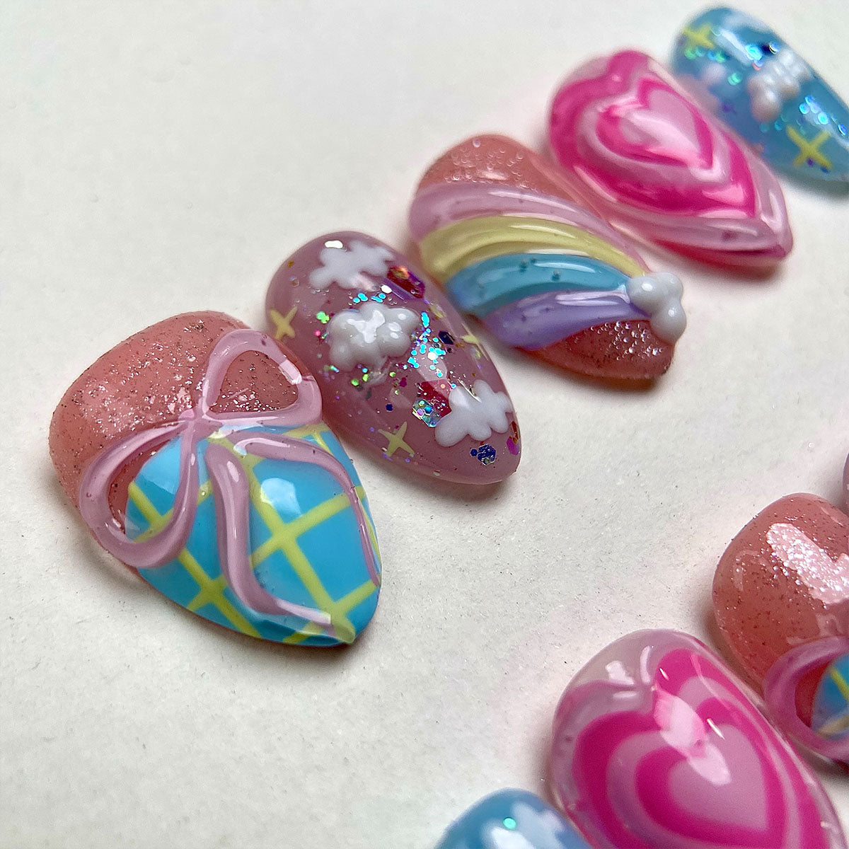 Pastel Cloud Pop – Pink Press-On Nails, Kawaii Fake Nails with Rainbow, Heart and Puffy Cloud Design