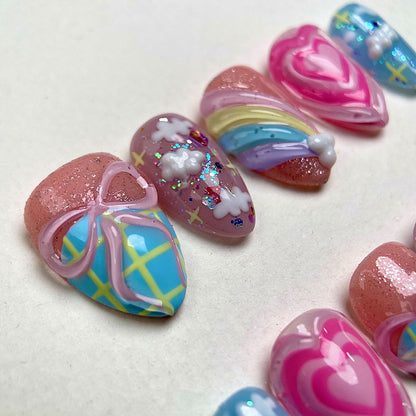 Pastel Cloud Pop – Pink Press-On Nails, Kawaii Fake Nails with Rainbow, Heart and Puffy Cloud Design