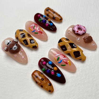 Sugar Bear Treats – Kawaii Press-On Nails, Sweet Fake Nails with Bear, Cookie, Candy and Donut Design
