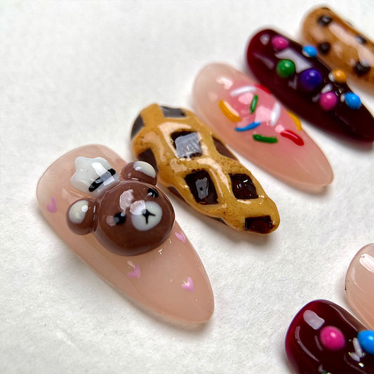 Sugar Bear Treats – Kawaii Press-On Nails, Sweet Fake Nails with Bear, Cookie, Candy and Donut Design