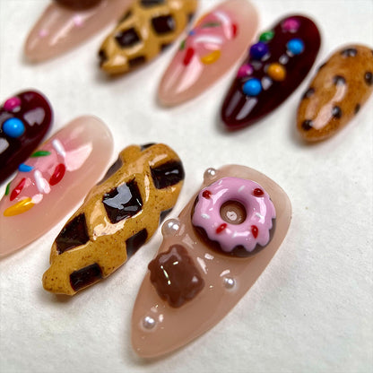 Sugar Bear Treats – Kawaii Press-On Nails, Sweet Fake Nails with Bear, Cookie, Candy and Donut Design