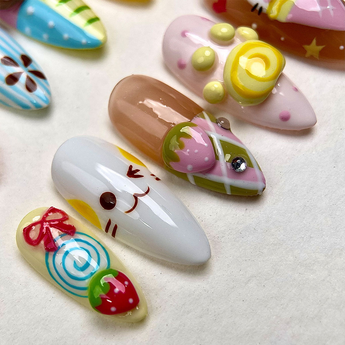 Sugar Kitty – Kawaii Press-On Nails, Pastel Fake Nails with Cute Cat, Donut and Strawberry Design