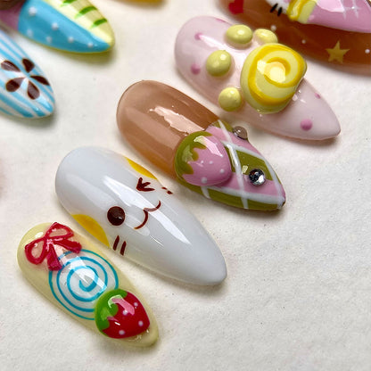 Sugar Kitty – Kawaii Press-On Nails, Pastel Fake Nails with Cute Cat, Donut and Strawberry Design