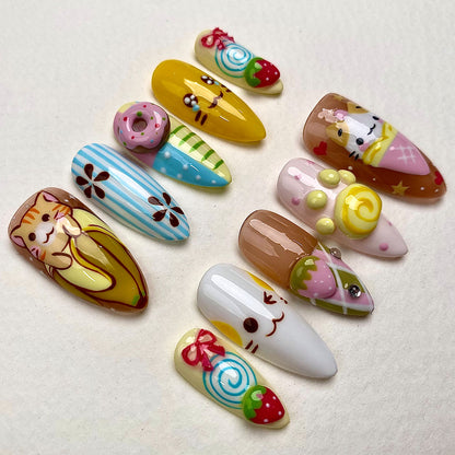 Sugar Kitty – Kawaii Press-On Nails, Pastel Fake Nails with Cute Cat, Donut and Strawberry Design