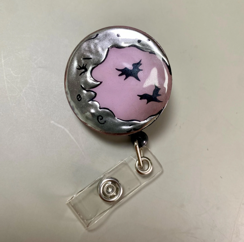 Silver Moon Bat Badge Reel, Witchy Night ID Holder, Gothic Halloween Badge Reel, Handmade Resin Nurse Gift