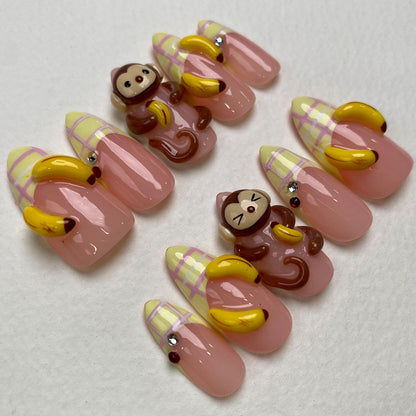 Banana Monkey – Kawaii Press-On Nails, Pastel French Fake Nails with Cute Monkey and Banana Design