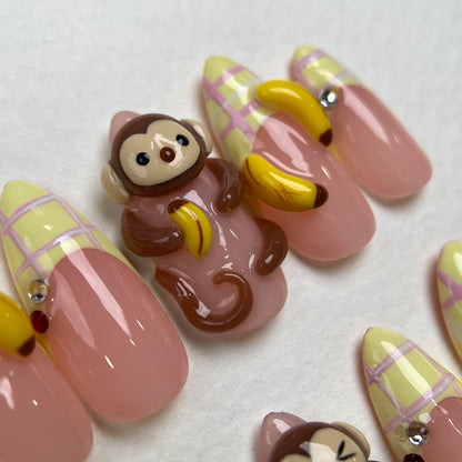 Banana Monkey – Kawaii Press-On Nails, Pastel French Fake Nails with Cute Monkey and Banana Design