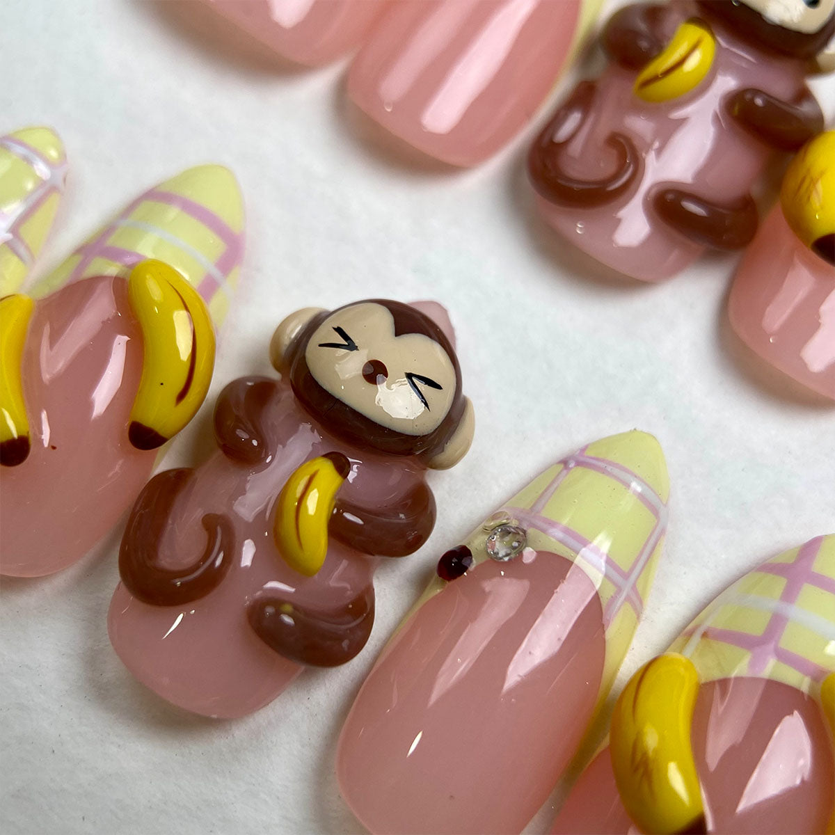 Banana Monkey – Kawaii Press-On Nails, Pastel French Fake Nails with Cute Monkey and Banana Design