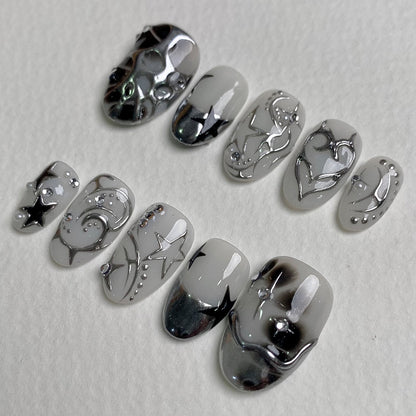 Moonhalo Silver Star Press On Nails, Cute Galaxy Fake Nails in White Chrome