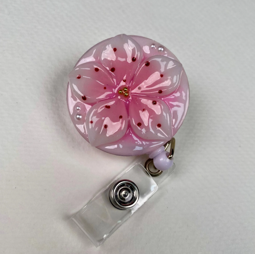 Pink Sakura Badge Reel – Handmade Cherry Blossom Retractable ID Holder, Cute Floral Badge Reel for Nurses & Teachers