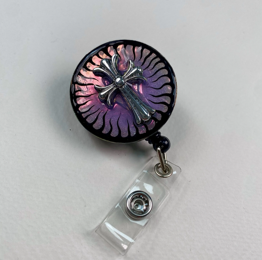 Purple Gothic Cross Badge Reel – Handmade Stainless Steel Retractable ID Holder, Silver Cross Resin Badge Reel, Alternative Nurse Badge Holder