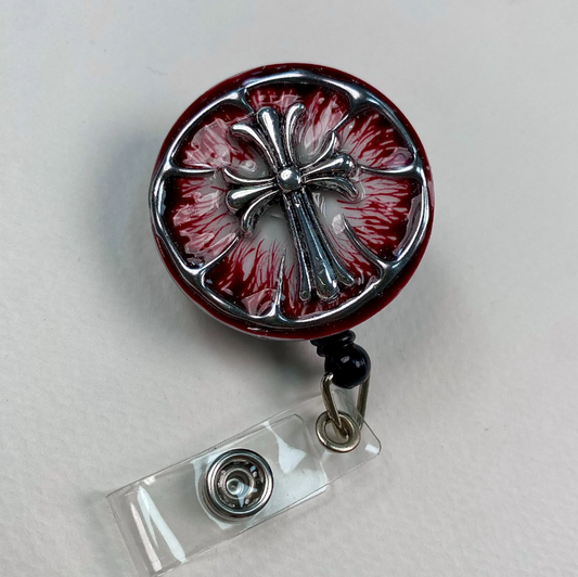 Red Gothic Cross Badge Reel – Handmade Stainless Steel Retractable ID Holder, Silver Cross Resin Badge Reel, Dark Nurse Badge Holder