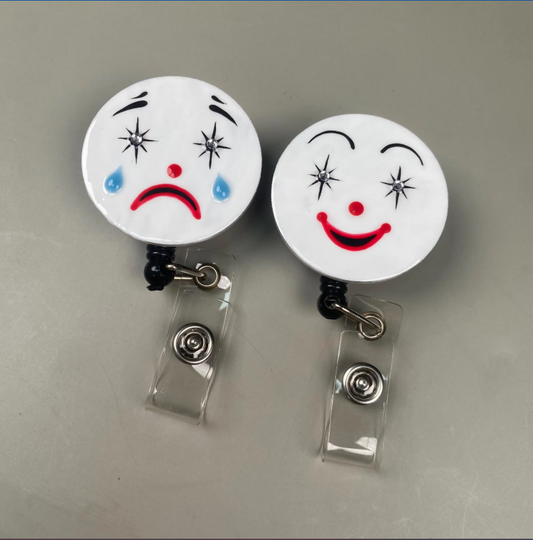 Happy Sad Clown Badge Reel, Cute Creepy Face Stainless Steel ID Holder, Dark Circus Retractable Badge Clip, Funny Spooky Gift for Nurse Teacher