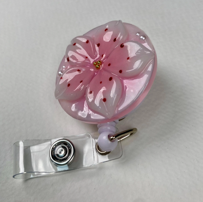 Pink Sakura Badge Reel – Handmade Cherry Blossom Retractable ID Holder, Cute Floral Badge Reel for Nurses & Teachers
