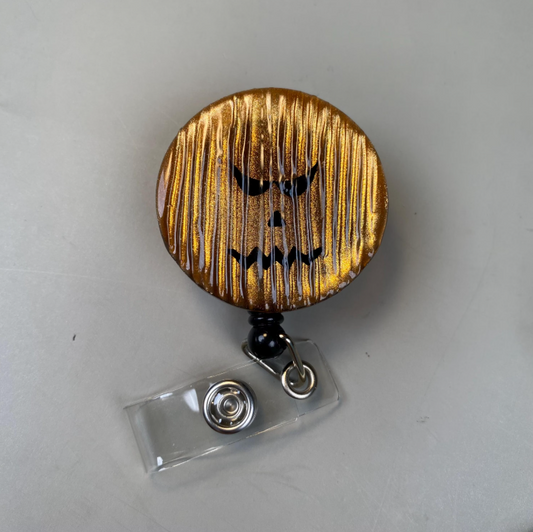Halloween Pumpkin Badge Reel, Gold Cat Eye Effect Stainless Steel ID Holder, Spooky Jack O Lantern Retractable Badge Clip, Nurse Teacher Gift