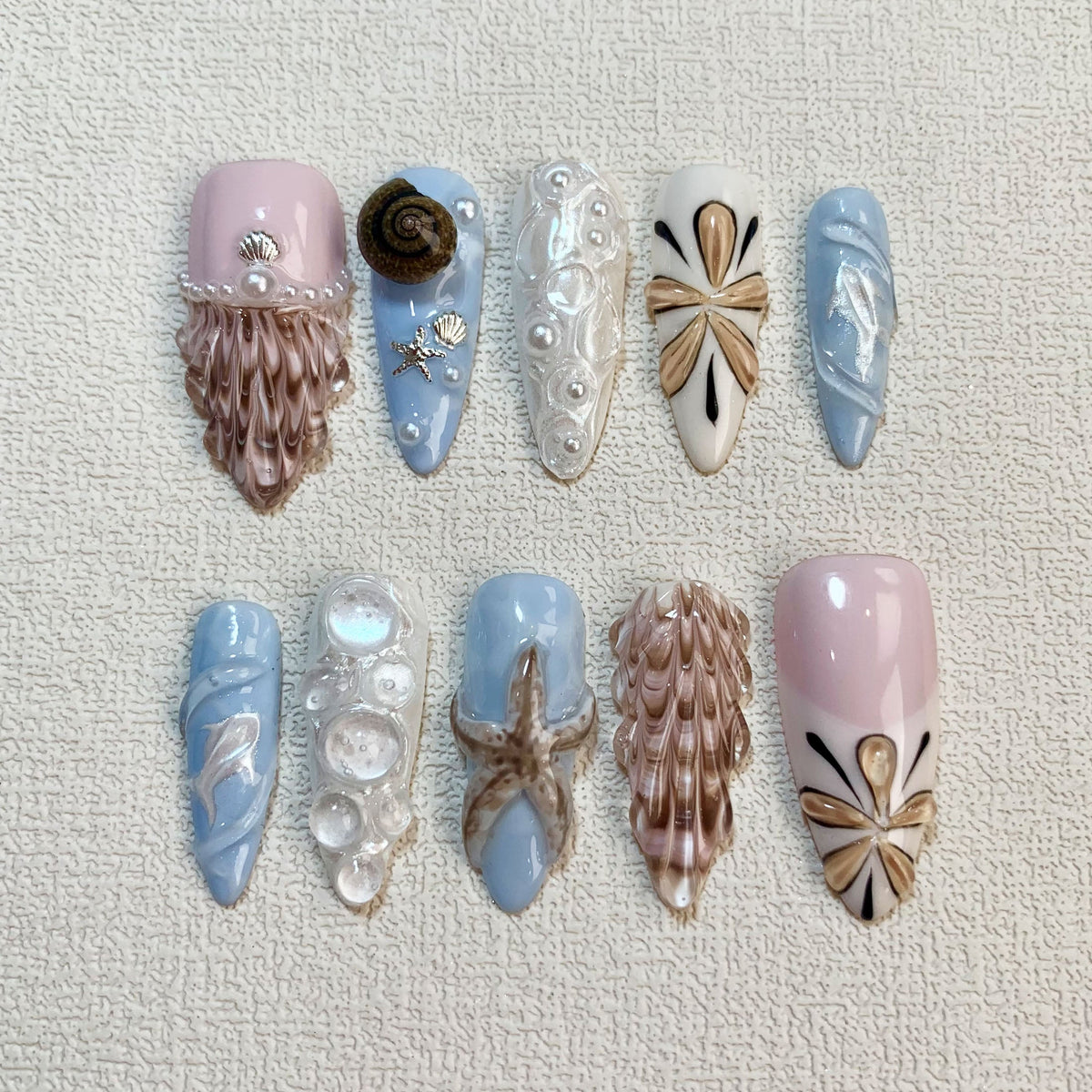 Pink Blue Sea Press On Nails, Starfish Snails Shells Spring Summer Sea Vacation Press On Nails