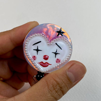 Cute Clown Badge Reel – Handmade Harlequin Retractable ID Holder, Whimsical Pearl Badge Reel for Nurses & Teachers