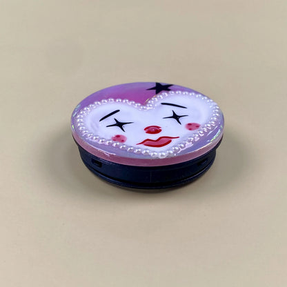 Cute Clown Heart Phone Grip – Handmade Resin Phone Grip Stand, Collapsible Phone Holder, Kawaii Clown Face, Pearl Heart, Pink Aesthetic Gift