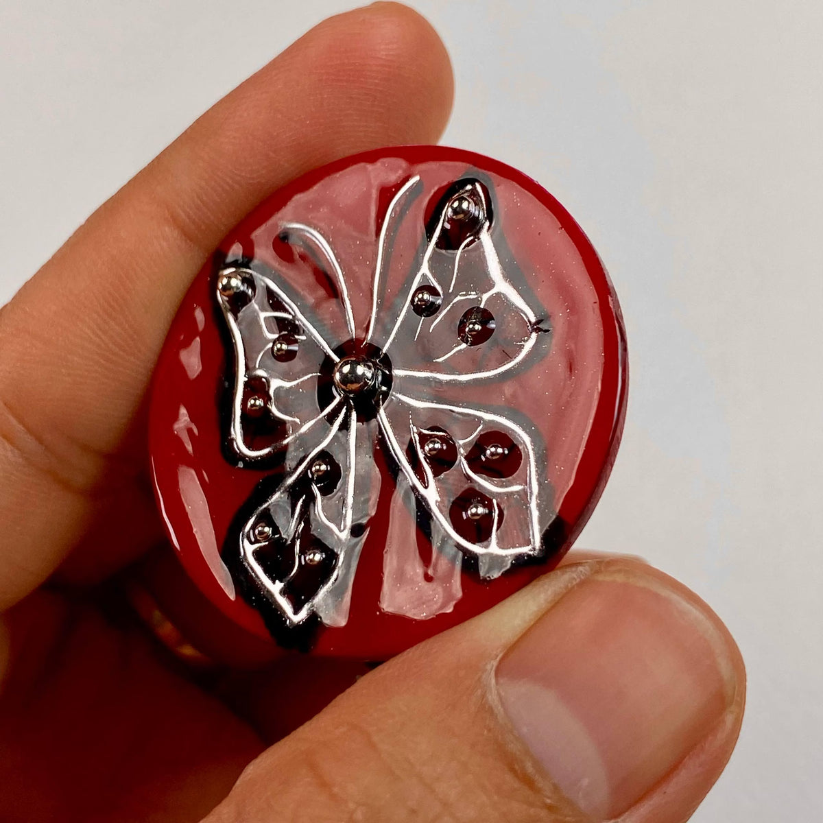Red Butterfly Badge Reel – Handmade Gothic Retractable ID Holder, Dark Red Resin Badge Reel for Nurses, Teachers & Office Staff