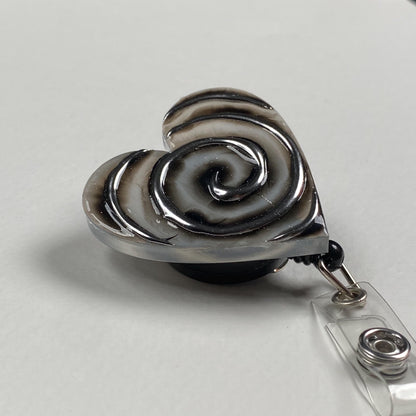 Gothic Heart Badge Reel – Handmade Black Heart Swirl Retractable ID Badge Holder, Alternative Resin Nurse Badge Reel