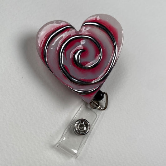 Pink Heart Badge Reel – Handmade Pink Swirl Heart Stainless Steel Retractable ID Badge Holder, Cute Resin Nurse Badge Reel, Valentine Gift
