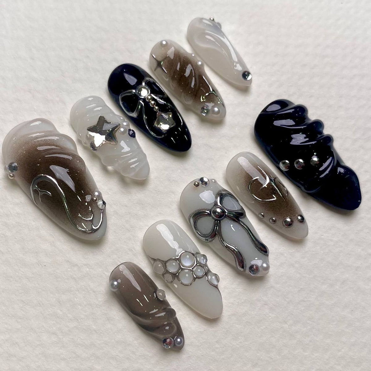 Moonshadow Starry Grey Ribbon Press-On Nails, Black & Silver 3D Gothic Fake Nails