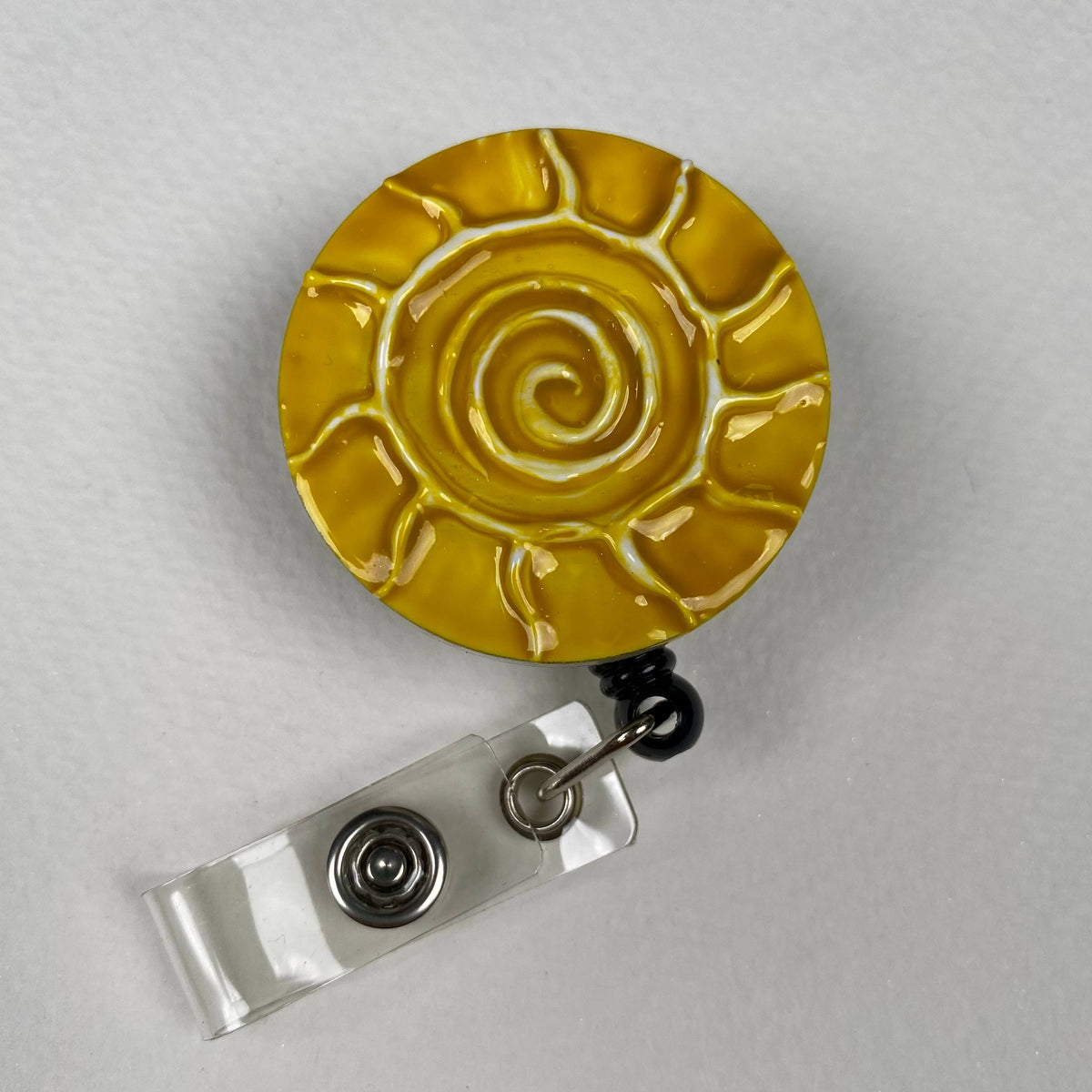 Shining Sun Badge Reel – Yellow Ceramic Effect Handmade Stainless Steel Retractable ID Holder, Celestial Sunshine Badge Reel