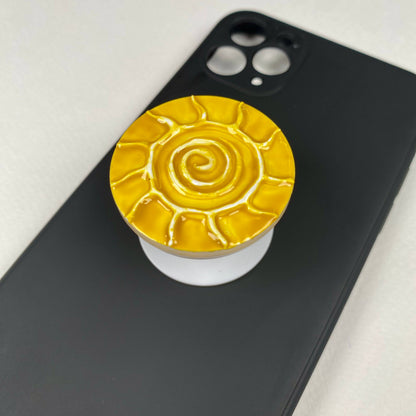 Shining Sun Phone Grip – Yellow Ceramic Effect Handmade Phone Holder, Celestial Sunshine Collapsible Grip