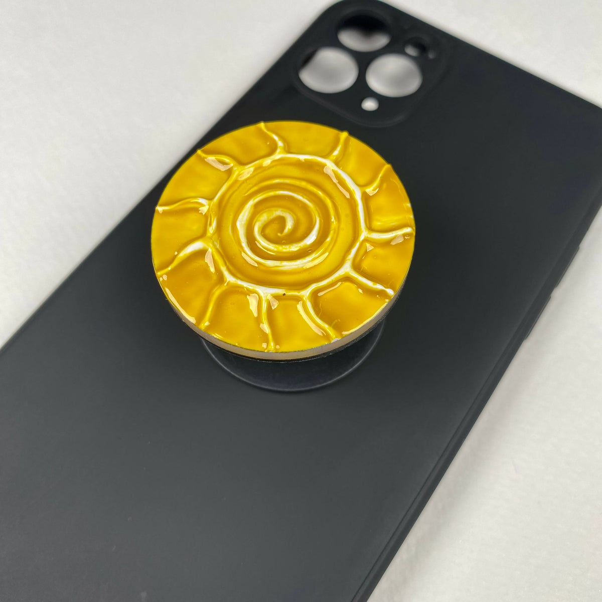 Shining Sun Phone Grip – Yellow Ceramic Effect Handmade Phone Holder, Celestial Sunshine Collapsible Grip